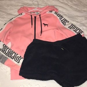 Pink sweater with fuzzy shorts set